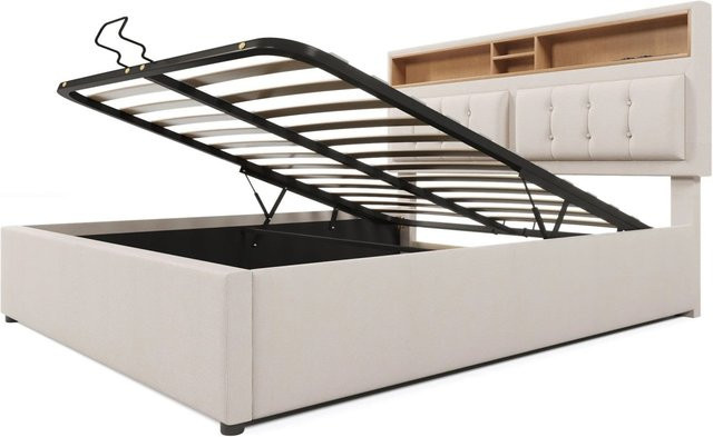 Merax Polsterbett mit USB-C Ladestation und Stauraum, B/T/H: 140 x 200 x 44 cm, Farbe: Beige oder Grau - Bild 1
