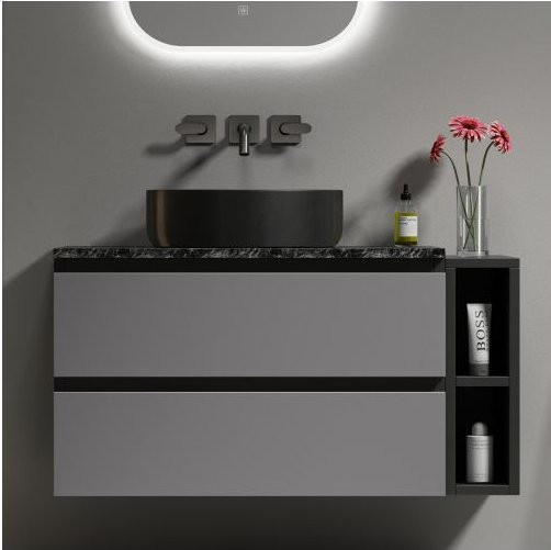 Wandhängender Waschbeckenunterschrank MUVOE mit Keramikwaschbecken in Schwarz-Grau, modernes Design mit internen Schubladen und offenen Regalfächern, Breite: 80 cm - Bild 1