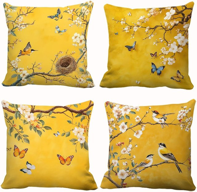 4er-Set ZZN Kissenbezüge Gelbe Blütenzweige mit Blumen- und Schmetterlingsdesign, B/H: 45 x 45 cm - Bild 1