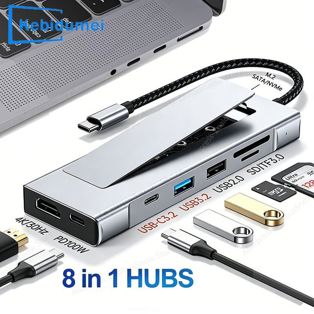 KEBIDUMEI 8-in-1 USB-C Dockingstation mit M.2 SATA NVMe SSD Hub, 4K60Hz Videoausgang und SD/TF Kartenleser für deinen Laptop - Bild 1