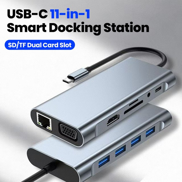11 in 1 USB C Multiport Hub Adapter mit 4K HDMI, RJ45 Ethernet und SD/TF Kartenleser als Docking Station für deinen Laptop und PC - Bild 1