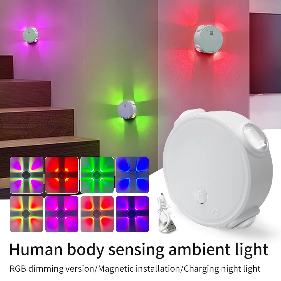 GGBEE 4er-Set RGB Katzenauge-Wandleuchten mit Bewegungssensor, magnetisch aufladbare Nachtlichter in Weiß für Schlafzimmer, Treppen und Schränke - Bild 3