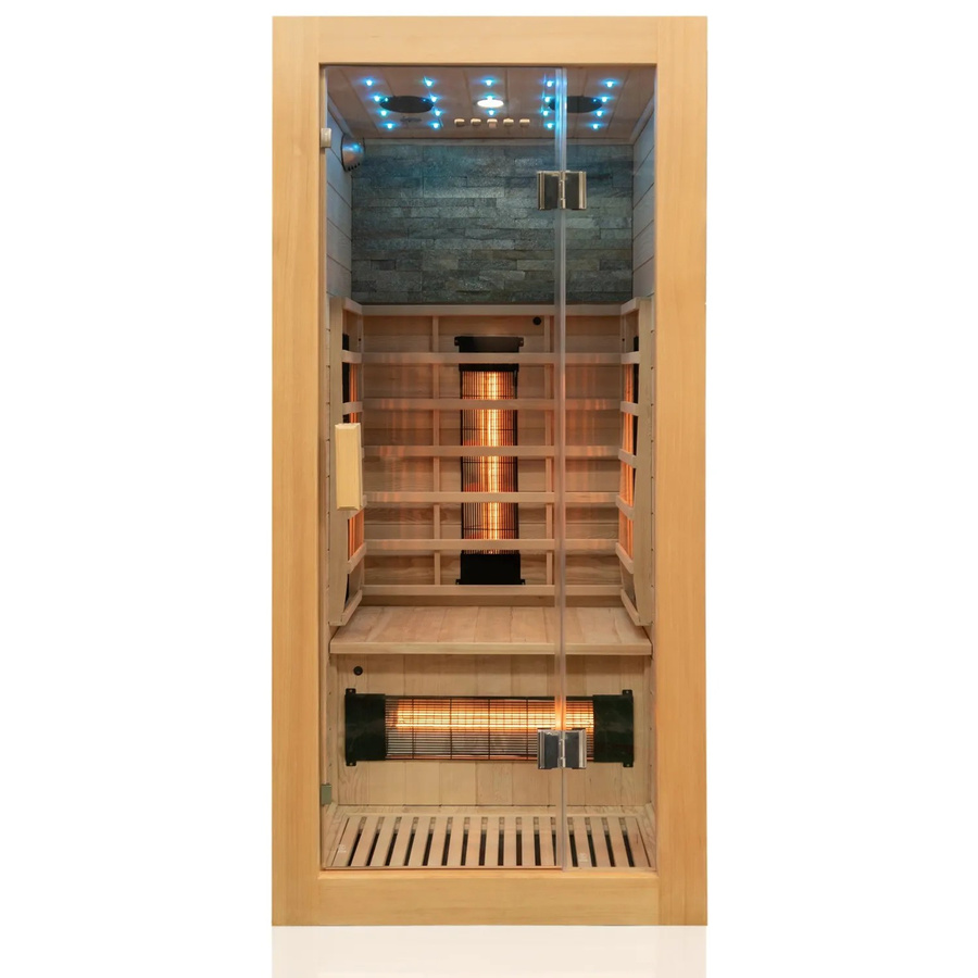 Dewello Infrarotkabine MILTON Infrarotsauna für 1 Person aus Holz in Braun, B/T: 90 x 90 cm, H: 190 cm, mit 4 Vollspektrumstrahlern, Bodenstrahler und LED - Bild 2
