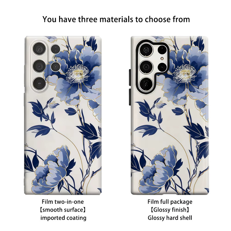 Stoßfeste Doppelschicht Handyhülle mit blau-goldenem Blumenmuster für Samsung Galaxy S25 Ultra, S24 und S23 Ultra Plus - Bild 2