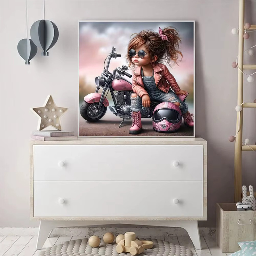 Momoart Diamant-Mosaik DIY Mädchenporträt mit Motorrad als Kreuzstich-Set zur Dekoration, Mehrfarbig, B/H: 20 x 20 cm - Bild 3
