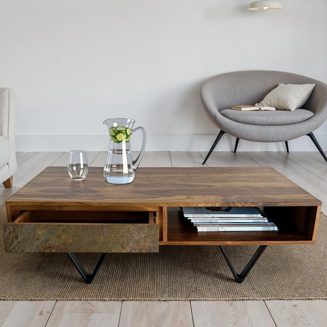 FineBuy Couchtisch aus Sheesham Massivholz in Rechteckform mit 2 Schubladen im Industrial Design, Farbe: Braun/Schwarz - Bild 1