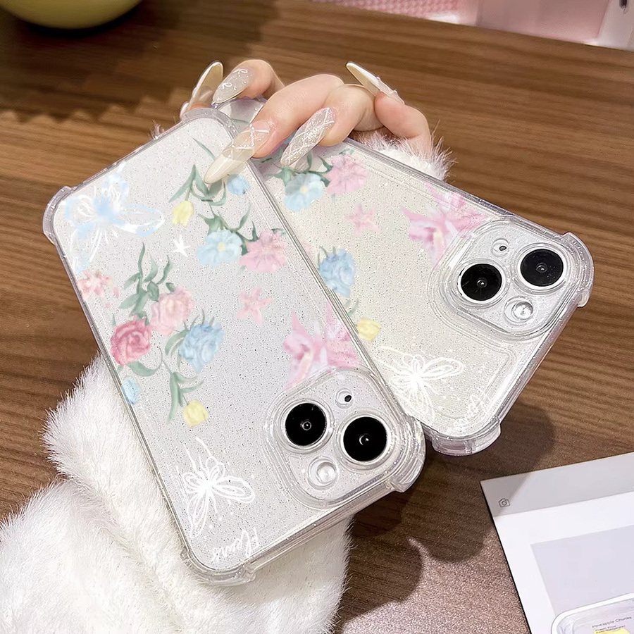 Caynes Stoßfeste TPU-Handyhülle mit Blumen- und Schmetterlings-Design für iPhone 17 16 15 14 13 12 11 Pro Max Air aus transparentem Silikon - Bild 3