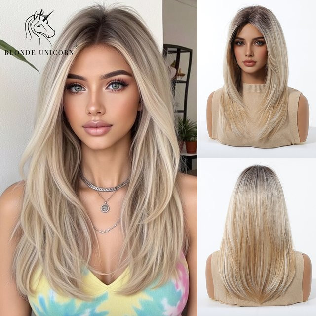 Blonde Unicorn Perücke, blond, synthetisch, Damen - Bild 1