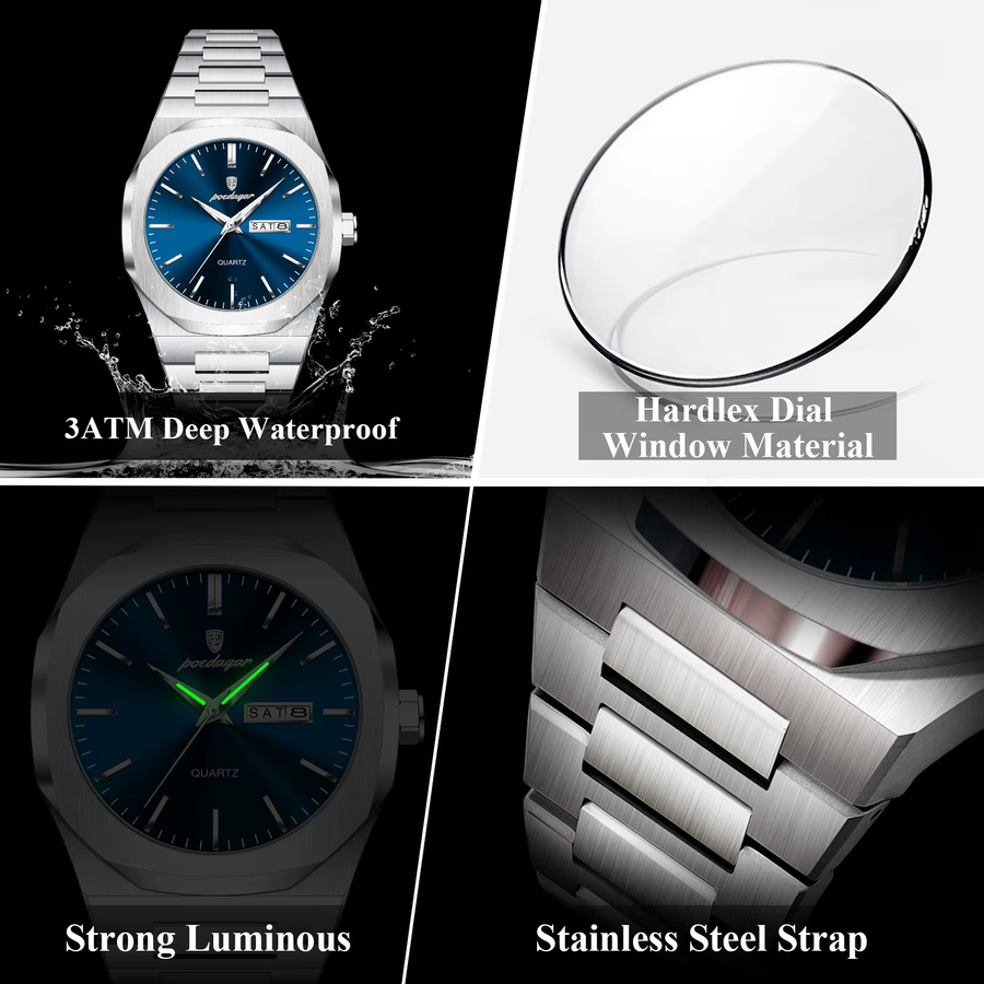 POEDAGAR Armbanduhr, Quarz, Edelstahl, Blau, Herren - Bild 4