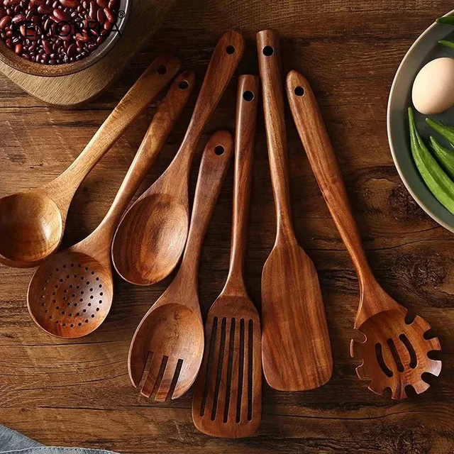 KEMORELA Kochlöffel Set aus natürlichem Thailand Teak Holz in Braun, 7-teiliges Küchenwerkzeug Set mit Schöpfkelle, Reissieb und Skimmer - Bild 1