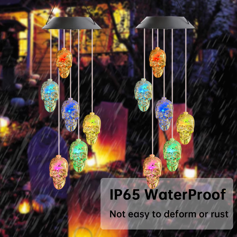 Peach Forest Solar Windspiel Halloween Goldener Schädel mit RGB LED Farbwechsel und Wasserdichtem Design für den Garten - Bild 4