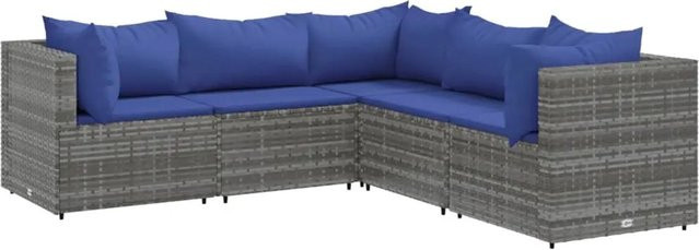 vidaXL 5-tlg Garten-Lounge-Set in L-Form mit Kissen, Grau und Blau, Poly-Rattan und Metallgestell - Bild 1