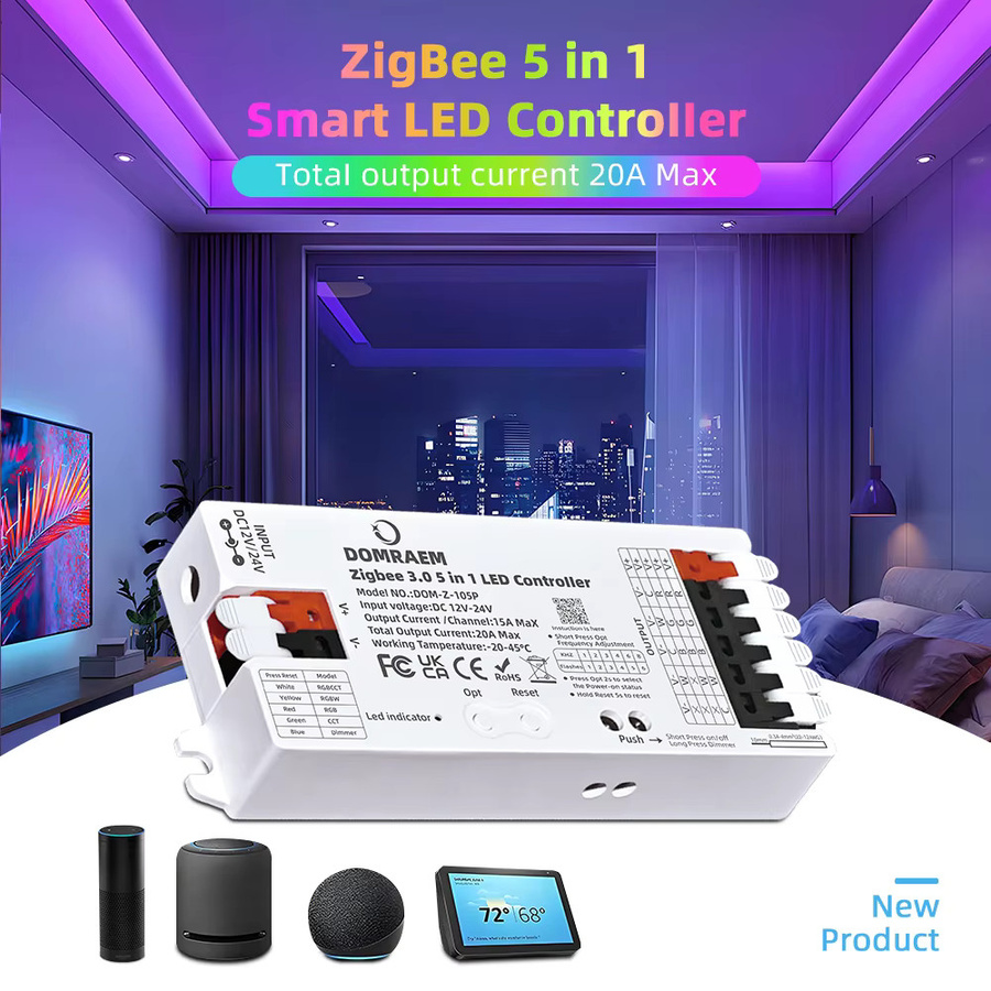 DOMRAEM Zigbee 3.0 LED-Streifen-Controller 20A Dimmer RGB+RGBWCCT 5-in-1 kompatibel mit Hue, SmartThings und Alexa - Bild 2