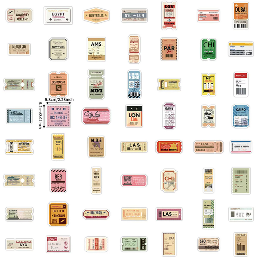 60 Vintage-Reiseticket-Aufkleber im nostalgischen amerikanischen Stil mit Weltstadt- und Flugticket-Designs in Multicolour für deine Tagebuch-Collagen - Bild 2