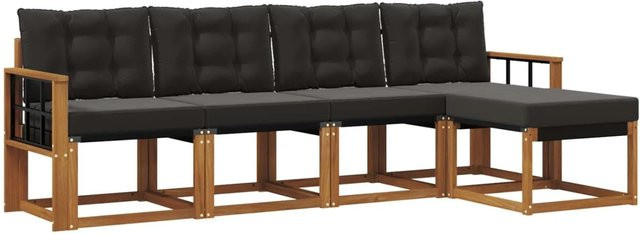 vidaXL Outdoor-Sofagarnitur 5-tlg. aus massivem Akazienholz mit Textilene und Kissen in Schwarz und Natur - Bild 1
