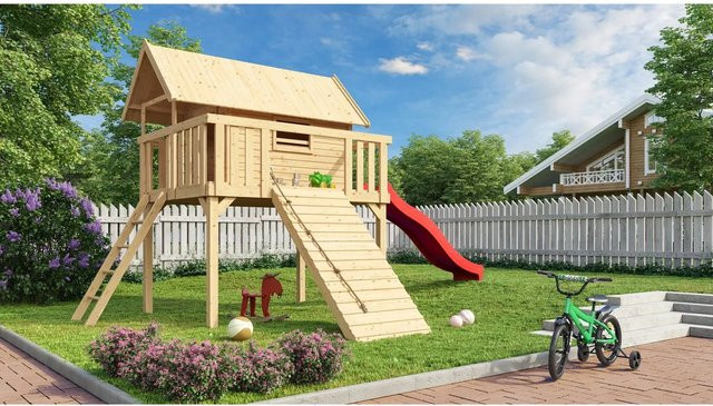 Karibu Stelzenhaus Fidel Set in Natur mit roter Wellenrutsche und Holzrampe, B/H/T: 198 x 329,5 x 243 cm - Bild 1