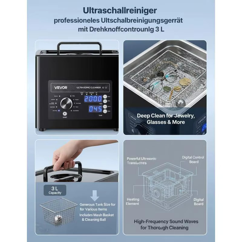 Vevor Ultraschallreiniger aus Edelstahl in Grün mit 3 l Fassungsvermögen, Drehknopfsteuerung, inklusive Korb und Reinigungsball für Schmuck, Uhren, Rasierer und Münzen - Bild 2
