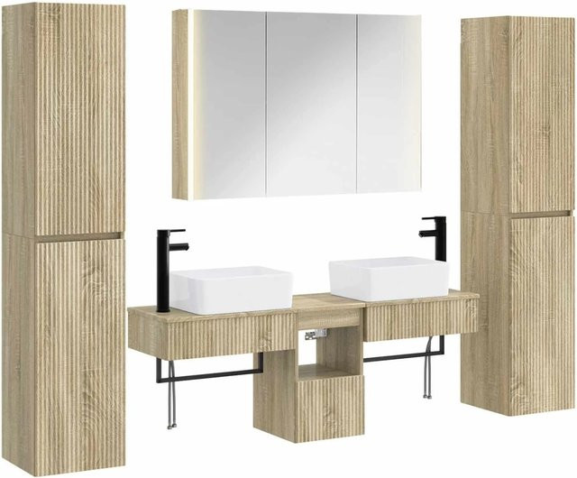 vidaXL Badezimmermöbel-Set 6-teilig in Sonoma-Eiche, modern mit Spiegelschrank, Waschtischunterschrank und Wandelementen aus Holz und Glas, Braun Matt - Bild 1
