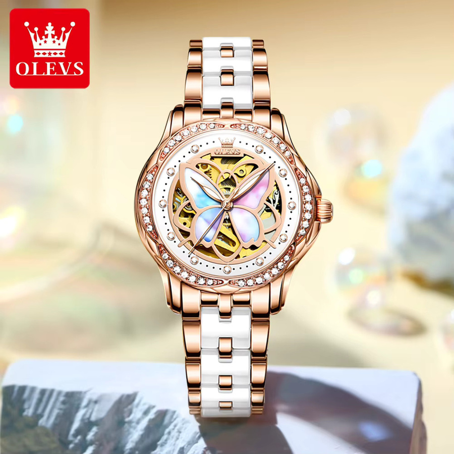 OLEVS Armbanduhr Automatik, Edelstahl, Roségold, Diamant, Zirkonia, Damen - Bild 2
