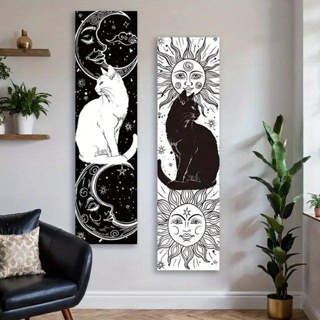 VIKAMA Kunst-Wandteppich mit Katzen- und Himmelsmotiven in Schwarz-Weiß, Boho-Stil Wandbehang mit Tiermotiven, Breite: 150 cm, Höhe: 40 cm - Bild 1
