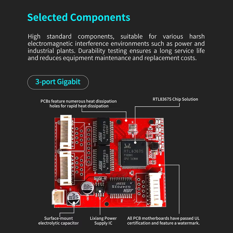ONTi Mini 3-Port Gigabit PoE Ethernet Switch PCBA für eingebettete Module, 10/100/1000Mbps, 9-57V DC Weitbereichseingang, Rot - Bild 4