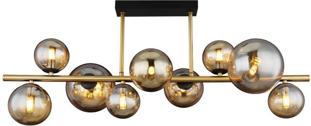 Globo Deckenleuchte Riha 9-flammig Schwarz Matt und Messing mit Amber Glas, B/T/H: 30 x 30 x 38 cm - Bild 1