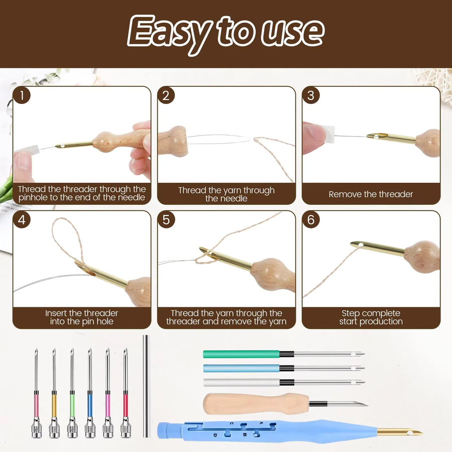 17-teiliges Punch Nadel Stickerei Set mit Holz-Werkzeugen in Multicolour für DIY Handarbeit und Nähen - Bild 2
