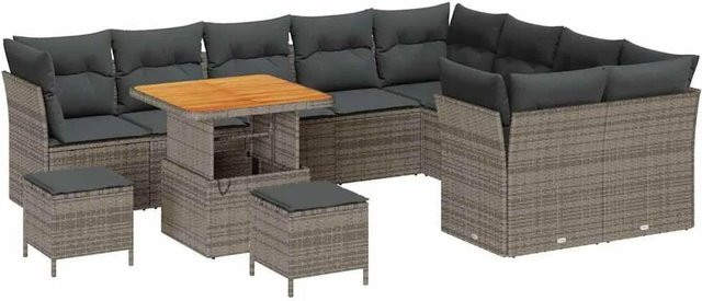 vidaXL Garten-Sofa-Set 12-tlg. in Grau mit Kissen und Stauraumfunktion aus Poly-Rattan und Akazienholz - Bild 1
