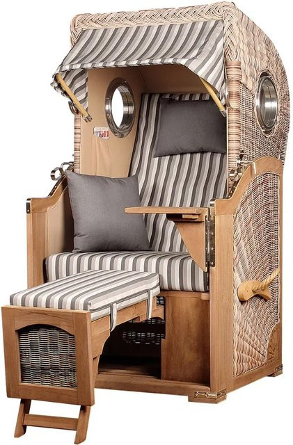 Bene Living Strandkorb Komplettset Ammersee Single Teak Bullauge PE Shell Modell 545 mit Liftersystem, Schutzhülle, Doppelrollen und Glasbecherhalter, Farbe Braun, gestreift - Bild 1
