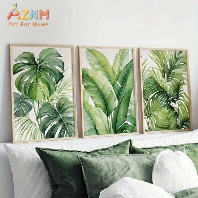 3-teiliges Set tropische Aquarell-Blattdrucke von Potdemiel, grüne Pflanzen-Wandkunst mit Bananen- und Palmblättern als Poster für deine Wohnzimmer-Dekoration - Bild 1