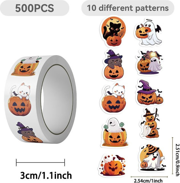 AnimeWorlds Store Washi Tape mit Cartoon-Halloween-Kürbis-Motiv in Multicolour für Scrapbooking und Umschlagversiegelung, 500 Stück pro Rolle - Bild 1