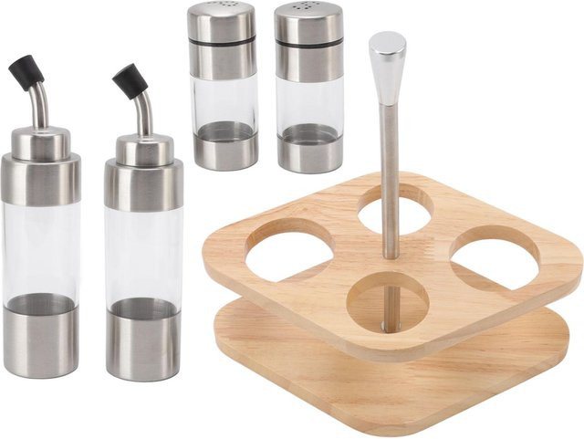 Gewürzflaschen-Set von TOMTOP JMS aus Edelstahl und Glas mit Bambusholzständer in Beige und Silber - Bild 1