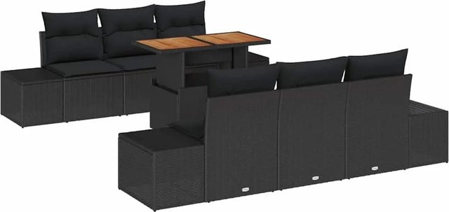 vidaXL Garten-Sofa-Set aus Poly-Rattan in Schwarz, 7-teiliges U-Shape Lounge-Set mit Polsterkissen und Stauraumfunktion - Bild 1