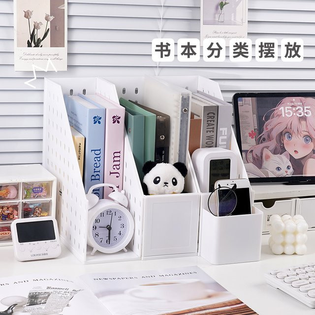 Weißer Desktop-Buchständer-Organizer aus Kunststoff mit mehreren Fächern für deinen Schreibtisch - Bild 1