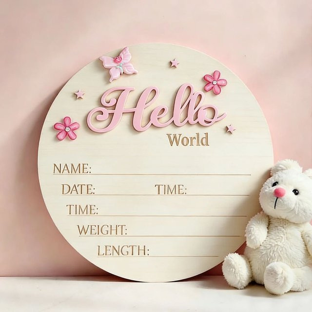 Ylsteed Namensschild Hallo Welt für Neugeborene in Rosa mit Schmetterling und Blumen-Dekor aus Holz - Bild 1