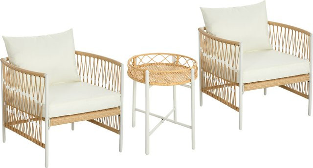 Outsunny 3er Set Rattan Gartenmöbel aus Polyrattan mit 2 Stühlen und Couchtisch inklusive Kissen, Gelb und Beige - Bild 1