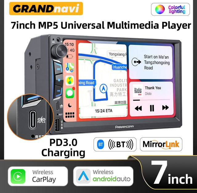 Grandnavi 2DIN 7-Zoll Autoradio MP5-Player mit Bluetooth, kabellosem CarPlay, Android Auto und Mirrorlink in Schwarz - Bild 1