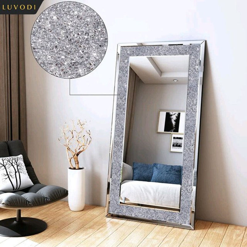 LUVODI Wandmontierter Kosmetikspiegel in Silber, Rahmenloser rechteckiger Schminkspiegel mit Kristall-Strass-Design aus Glas, B/H: 120 x 120 cm - Bild 1