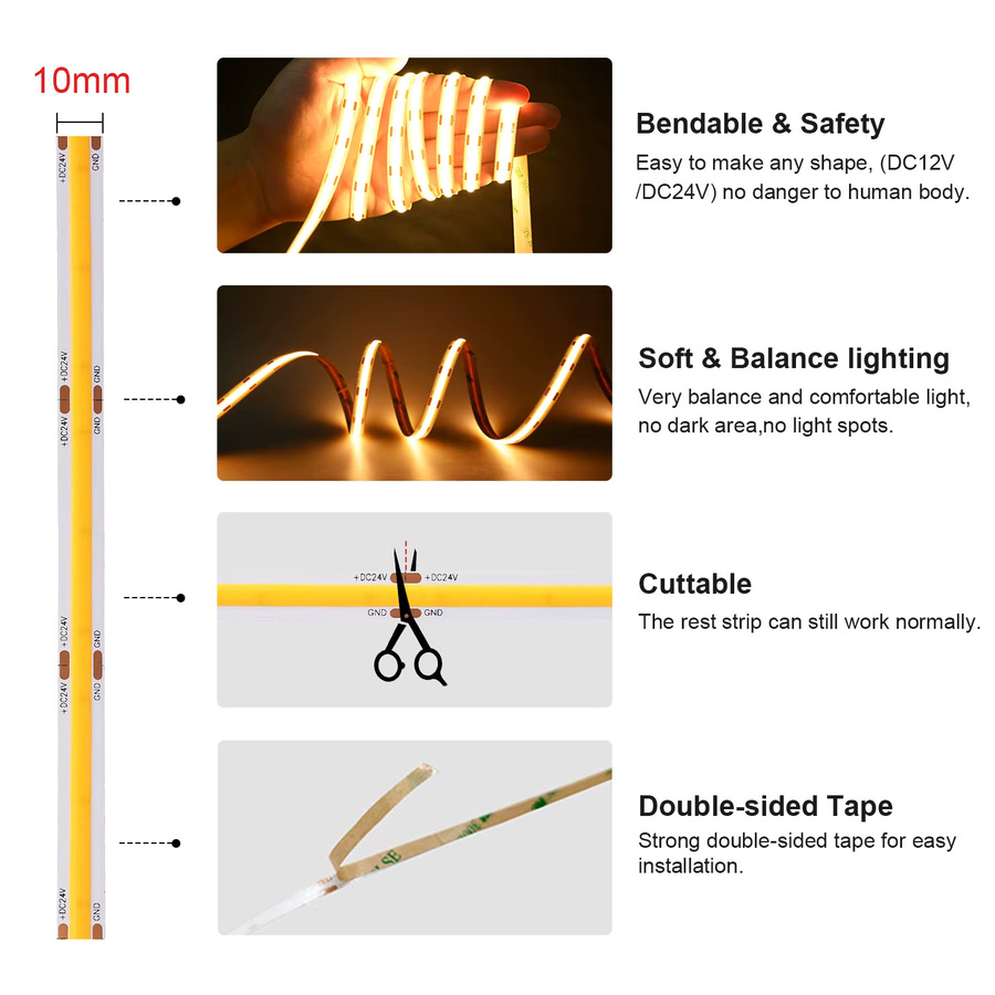 COXO COB LED-Streifenlicht dimmbar 24V mit 528 LEDs/m, Hochdichte flexible Bandbeleuchtung, Ra90+, Farbe: Weiß - Bild 4