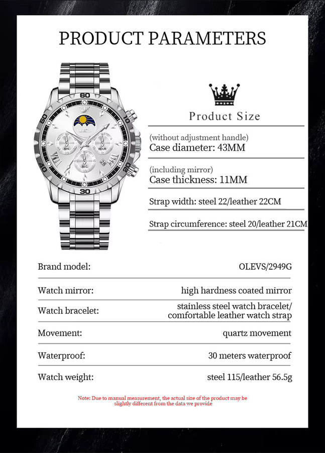 OLEVS Armbanduhr, Chronograph, Quarz, Edelstahl, Schwarz, Herren - Bild 6