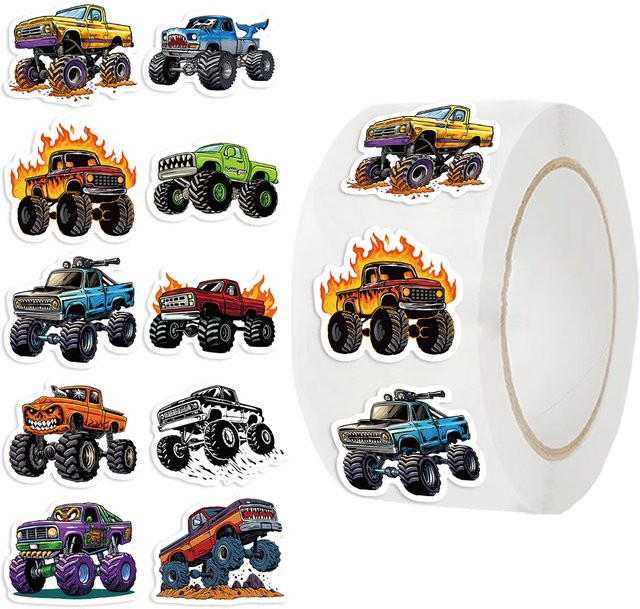 500 Stück Monster-Truck-Aufkleber für Kinder in 10 verschiedenen Cartoon-Stilen, bunte Autoaufkleber-Rolle für Kindergarten und Dekoration - Bild 1
