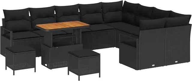 vidaXL Garten-Sofa-Set aus Poly-Rattan in Schwarz mit Kissen, 12-teiliges U-Shape Lounge-Set mit Tisch und Hockern - Bild 1