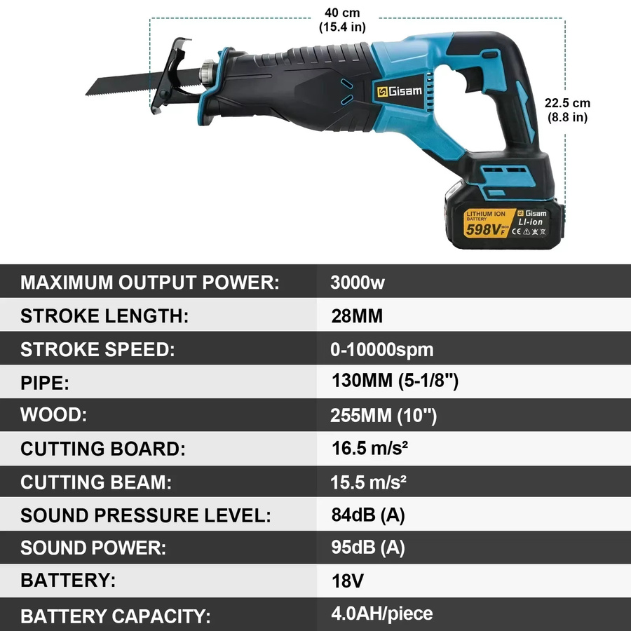 Gisam G perfil 10000SPM Elektrische Säbelsäge Multifunktions-Akku-Elektrosäge zum Schneiden von Metall, Holz und Rohren, kompatibel mit Makita 18 V Akku - Bild 6