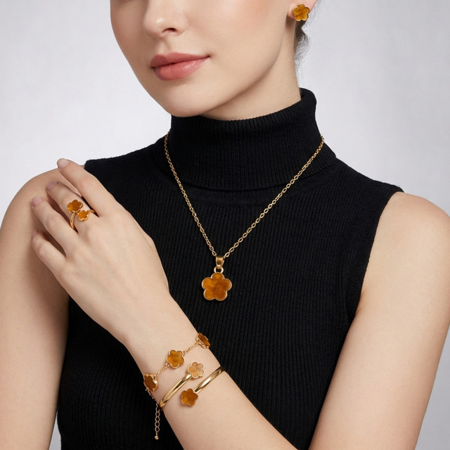 Rinhoo Schmuckset, 5-teilig, Pflaumenblüten, Emaille, Messing, Gold, Damen - Bild 1