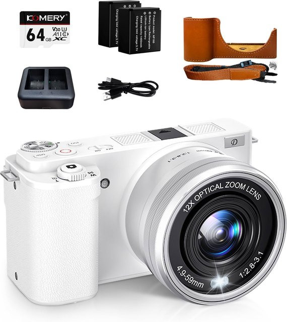 DEMANN GMBH Digitalkamera 4K mit 64 Megapixel, 12-fachem optischem Zoom und optischer Bildstabilisierung, kompakte weiße WLAN Vlog Kamera für Foto und Video inklusive 2 Akkus und 64GB TF-Karte - Bild 1