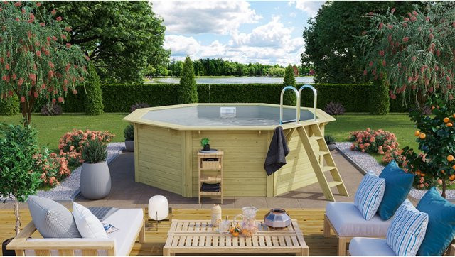CHILLROI Achteckiger Massivholzpool mit Zubehör und Pool Leitern, Grau/Braun, B/T/H: 357,5 x 357,5 x 124 cm - Bild 1