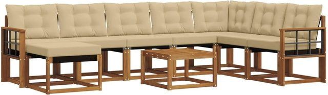 vidaXL Sofa Set 9-tlg. L-Form aus Akazienholz und Textilene in Natur und Beige mit Kissen - Bild 1
