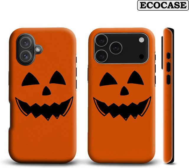 Halloween Pumpkin Grin Handyhülle für iPhone 17 16 15 14 13 12 11 Pro Max Plus mit doppelschichtiger Rückseite in Orange - Bild 1