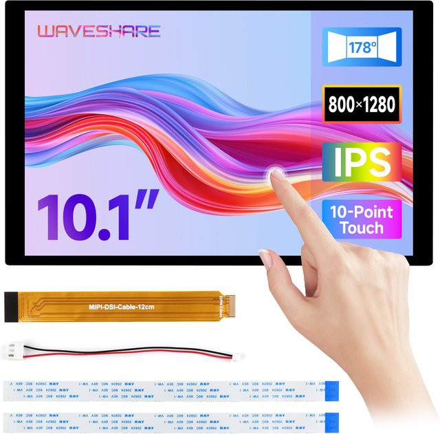 Waveshare 10,1 Zoll DSI kapazitives Touch-Display mit IPS-Panel in Schwarz für Raspberry Pi 5/4B/3B/3B+/3A+ (800 x 1280) - Bild 1