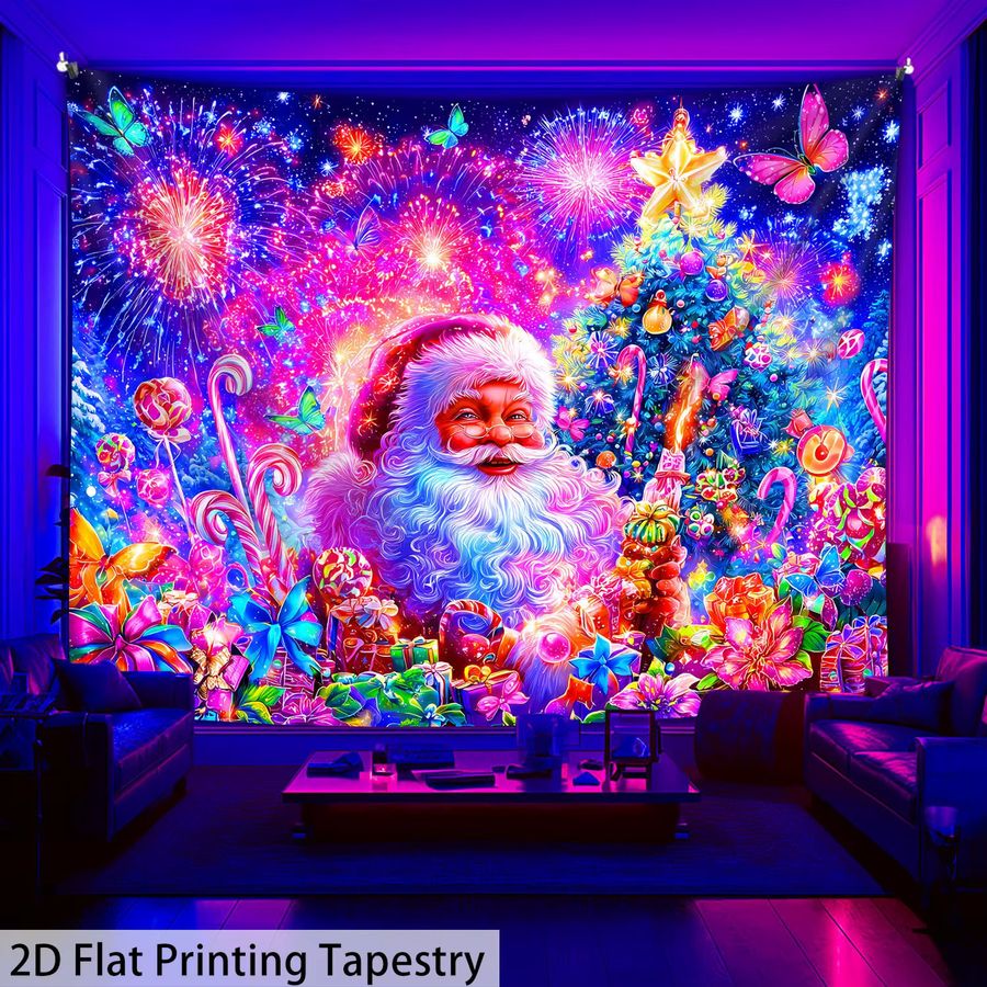 VIKAMA Weihnachts-Wandteppich mit Weihnachtsmann, Feuerwerk und Schmetterlingen in Multicolor als Wandbehang zur Raumdekoration - Bild 2